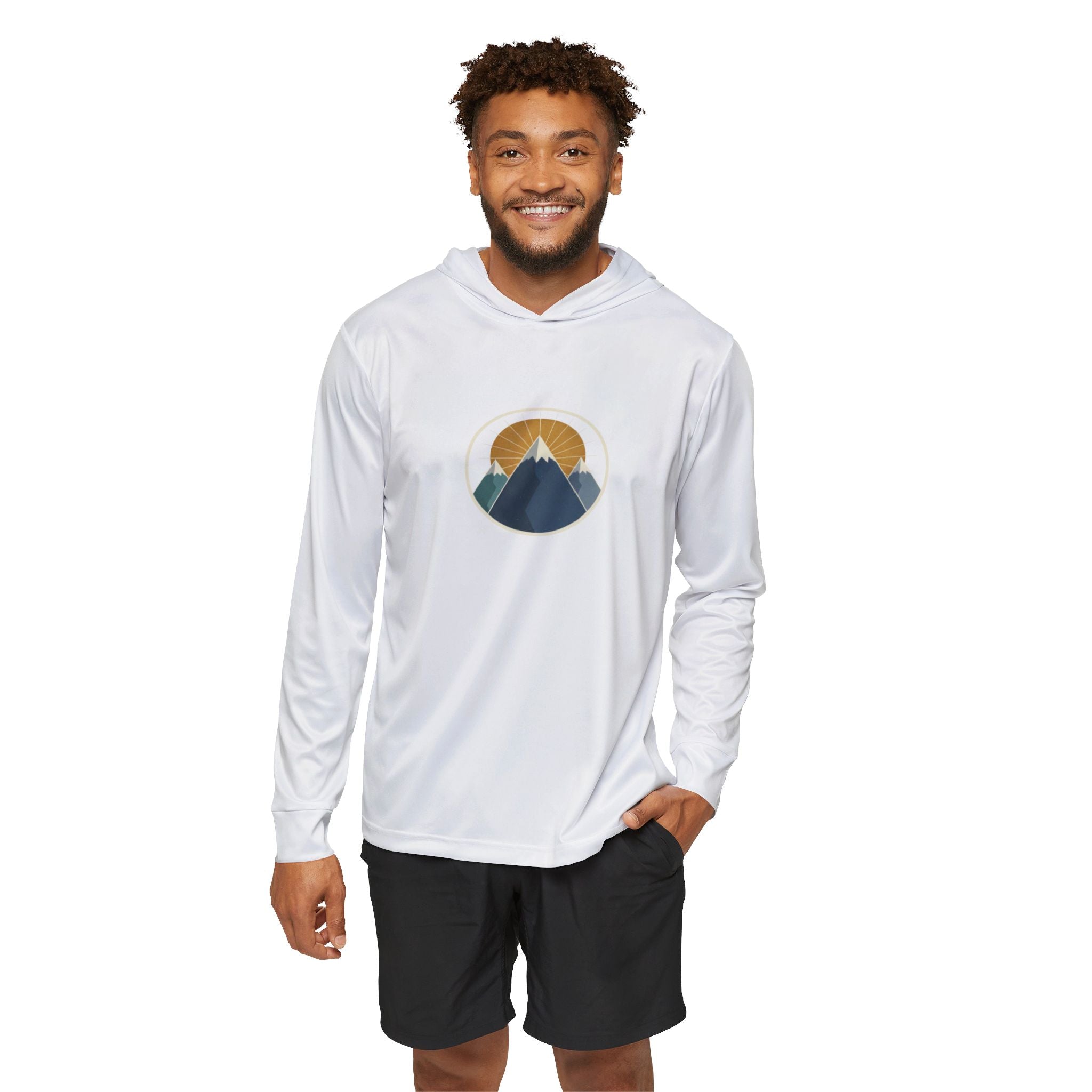 Men's Athletic Hooded Long Sleeve Shirt - Mountain and Sun Graphic Performance Top - 72$