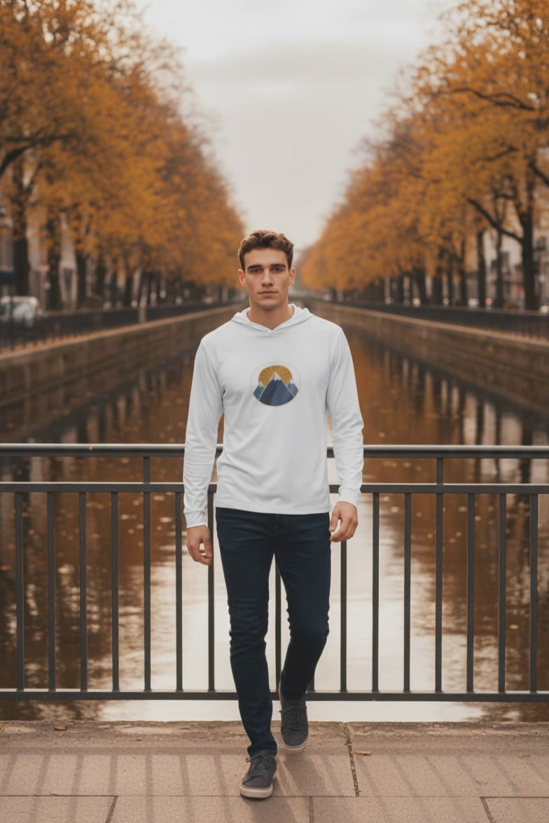 Men's Athletic Hooded Long Sleeve Shirt - Mountain and Sun Graphic Performance Top - 72$